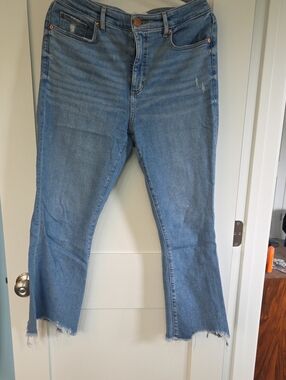 LOFT Light Blue Cropped Flare Jeans with Raw Hem